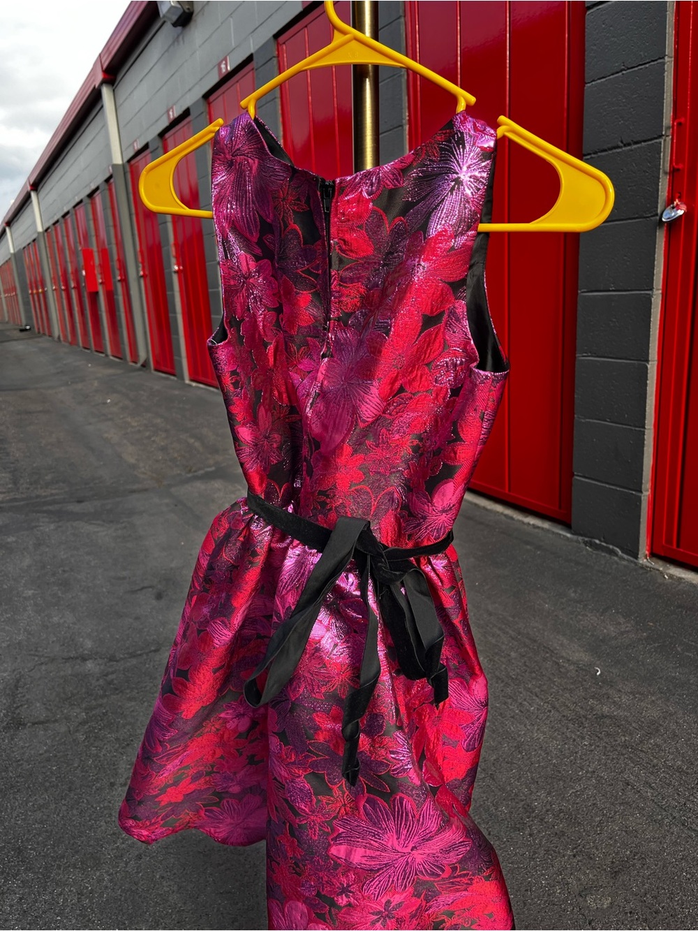 Rare Editions Fuchsia Floral Jacquard Party Dress with Black Trim - Picture 2 of 3